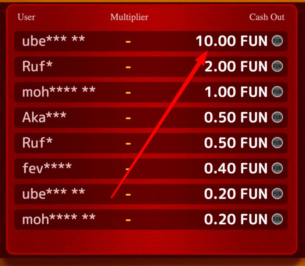 Detailed bet list with stakes from 0.20 up to 10.00 FUN
