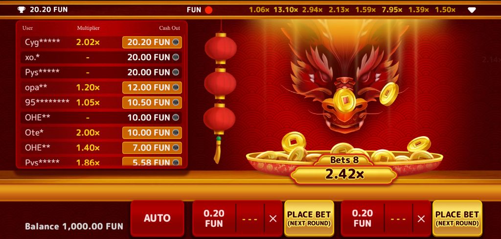 Live multiplier at 2.42x with a packed list of cashed-out players in FUN coins