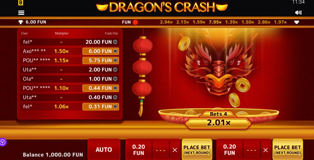 Desktop view of the crash round with live bet list, multiplier tray and history bar