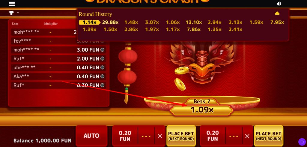 Round with the history panel open over the live multiplier tray