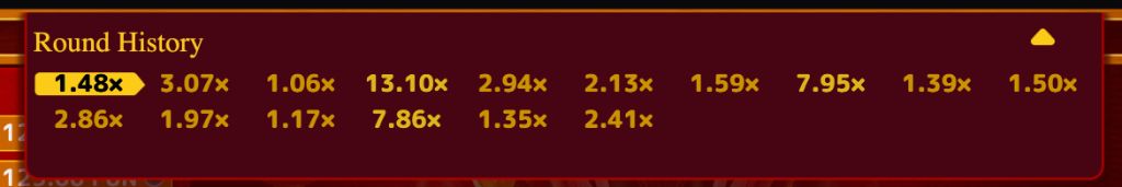 Round history strip showing recent crash multipliers from 1.06x up to 13.10x